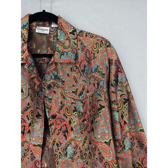 90s Vintage Jacket Womens Medium Black Paisley Colorful Tapestry Boho Button - Picture 5 of 9